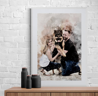 Custom Couples Portrait with Pet | Personalized Family Painting | Watercolor Print (c)