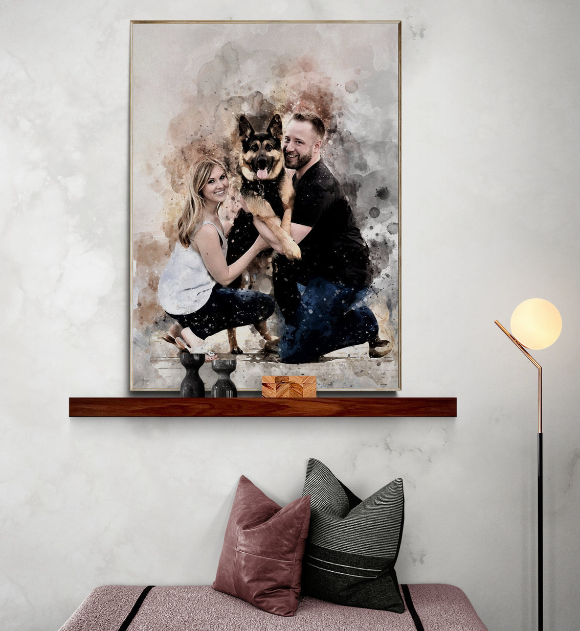 Custom Couples Portrait with Pet | Personalized Family Painting | Watercolor Print (c)