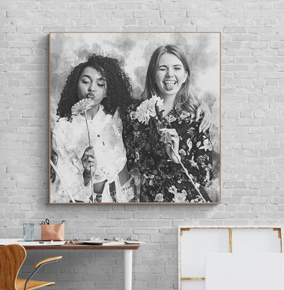 Besties watercolor Portrait Black and white