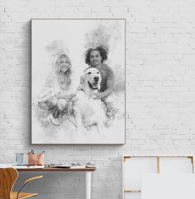 Family with dog portrait painting art print