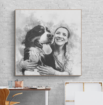 Girl with dog Portrait black and white Painting