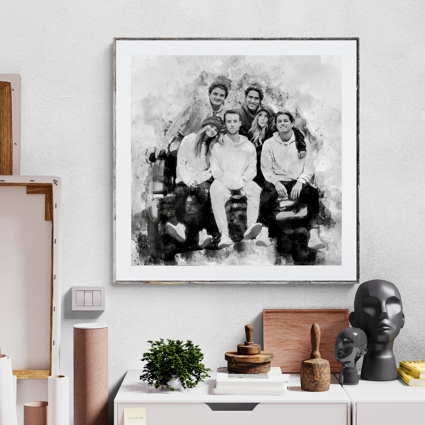 Best Friends Portrait Black and white Watercolor on Canvas Print