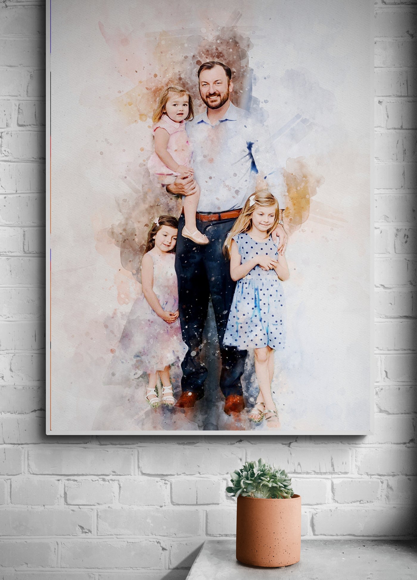 Dad and Daughter Portrait | Watercolor Art Photo Gift for Family | Father's Day Canvas Wall Art