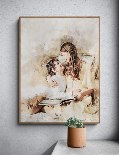 Personalized Mom's Birthday Gift | Custom Watercolor Portrait with Son Canvas