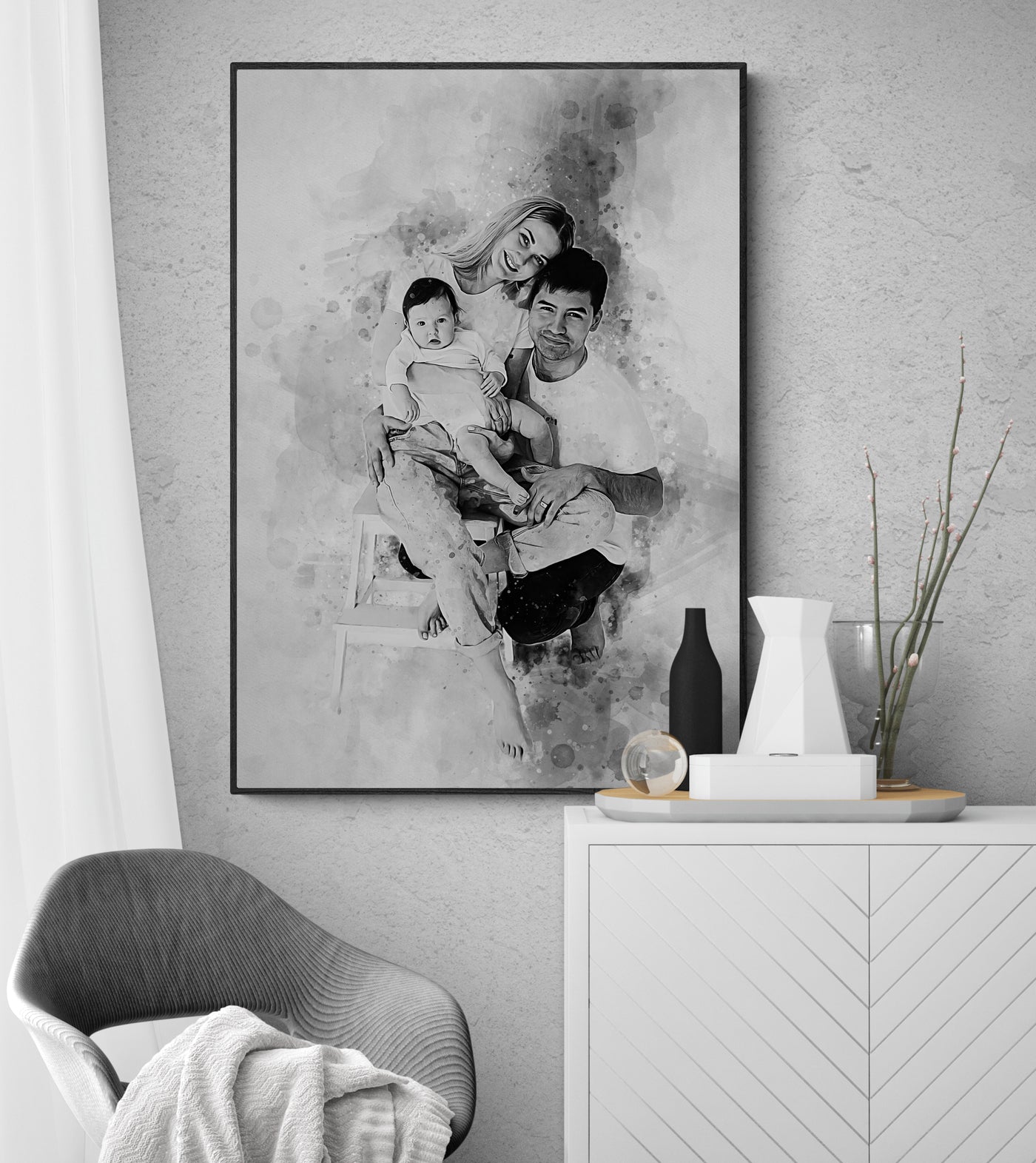 Family with baby portrait painting art print