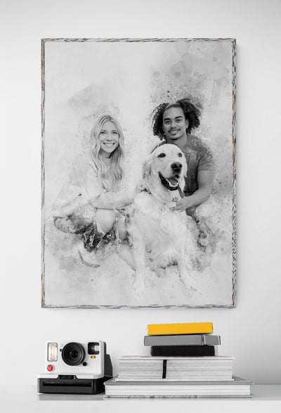 Family with dog portrait painting art print