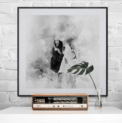 Besties Portrait Black and white Watercolor print