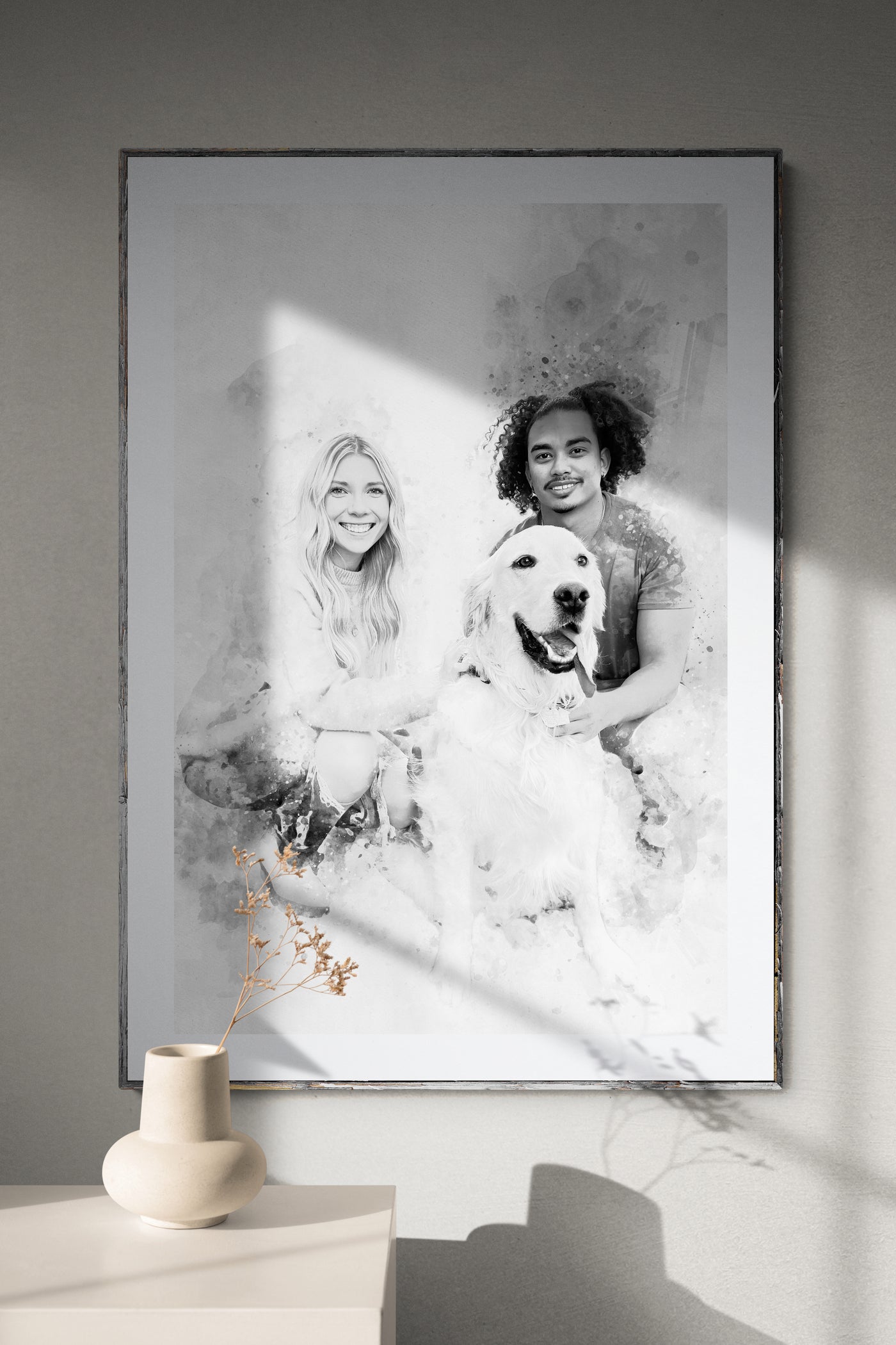 Family with dog portrait painting art print