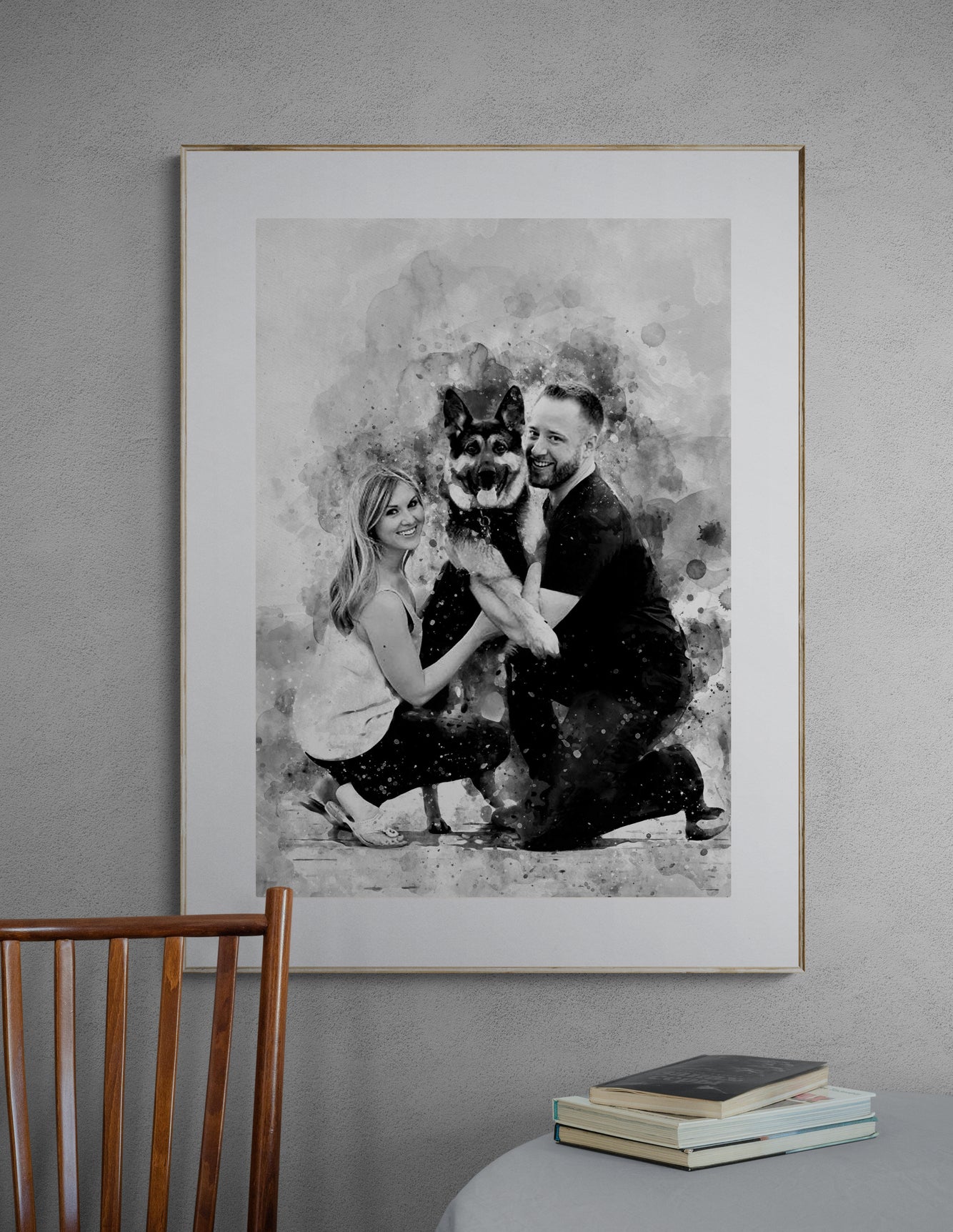 Dog portrait with owner black and white  art print