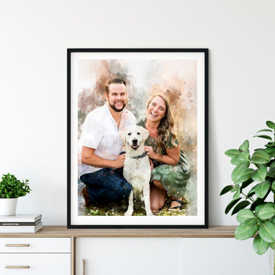 Custom Couples Portrait with Pet, Watercolor Family Painting , Personalized Canvas Print