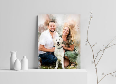 Custom Couples Portrait with Pet, Watercolor Family Painting , Personalized Canvas Print