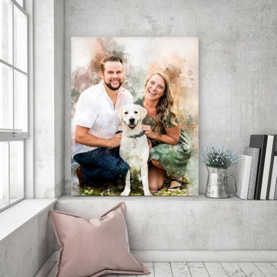 Custom Couples Portrait with Pet, Watercolor Family Painting , Personalized Canvas Print