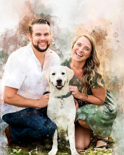 Custom Couples Portrait with Pet, Watercolor Family Painting , Personalized Canvas Print