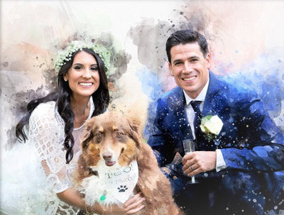 Personalized Wedding Portrait | Watercolor Family Portrait with Pet