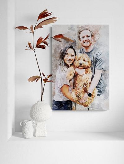Personalized family dog print Watercolor family painting from photo Birthday gift for dad Fathers day gift from kids from wife Canvas family