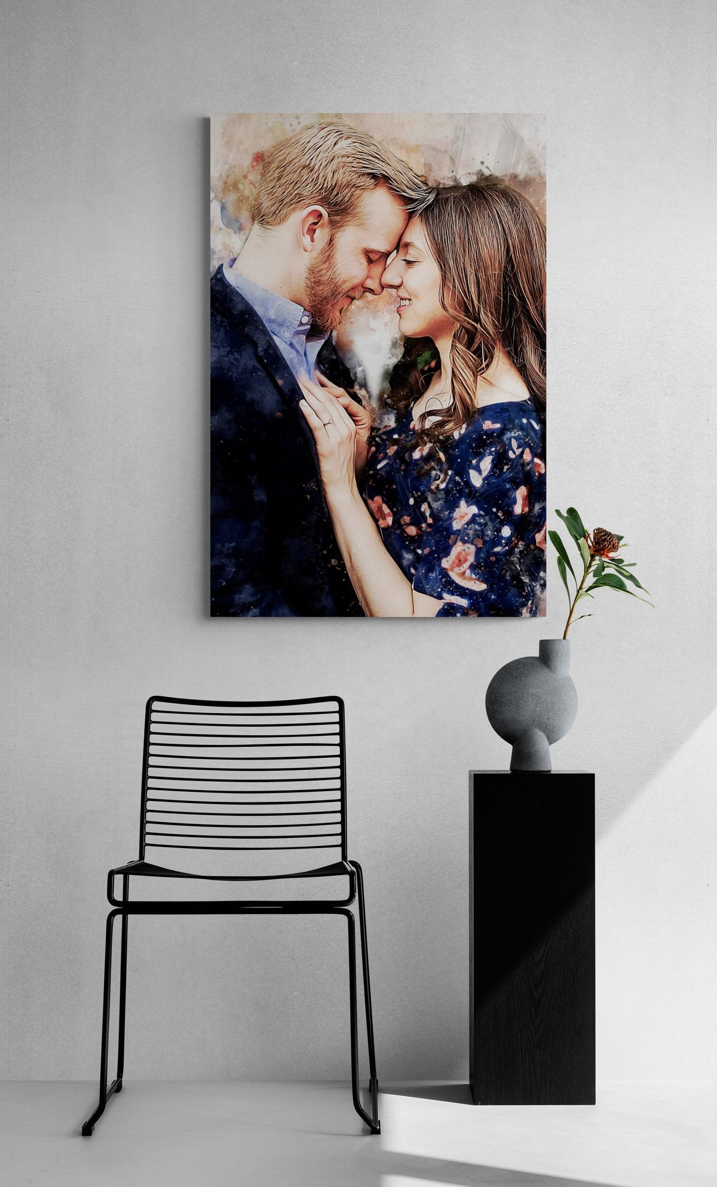 Engagement portrait canvas art Wall art git ideas for her /him Turn photo into digital watercolor painting Personalized art Couple portrait